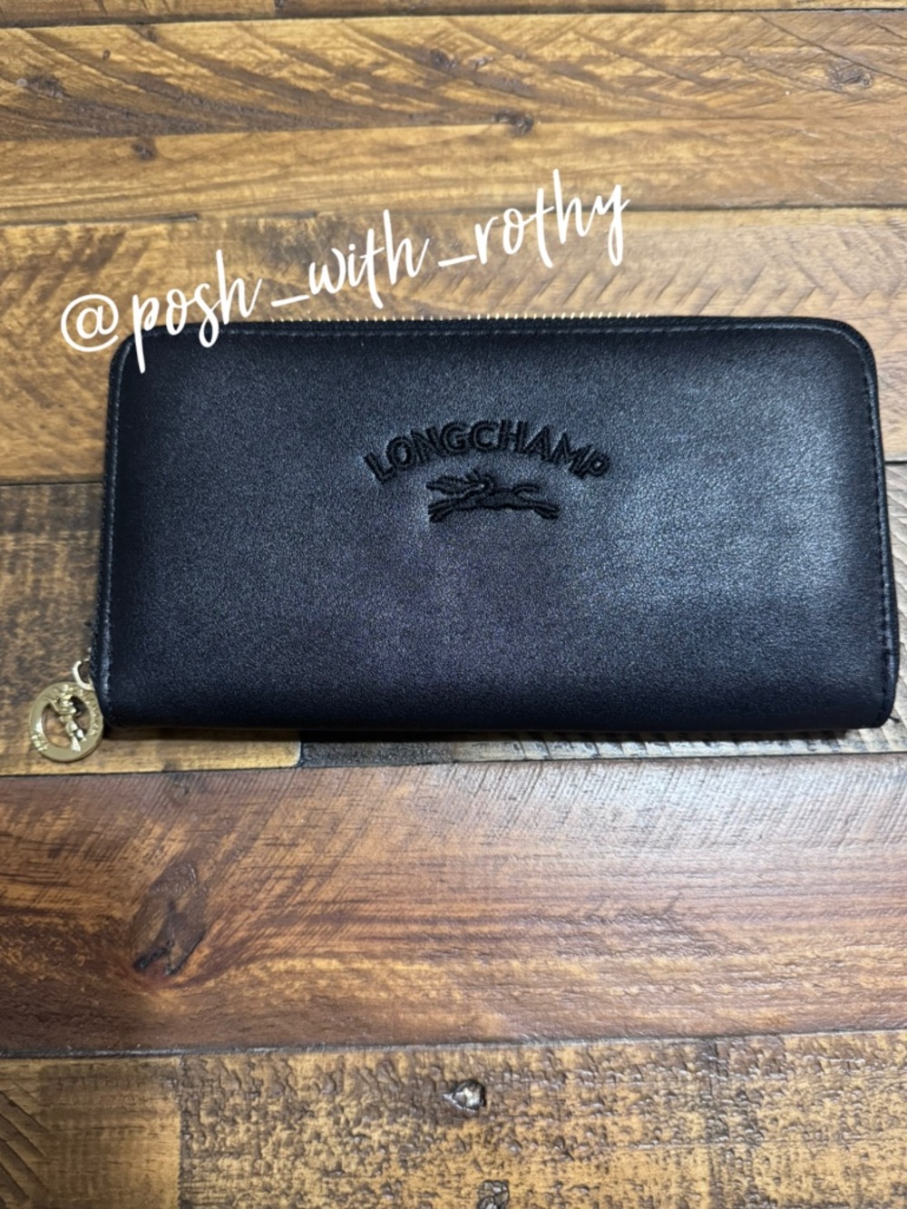 Longchamp Black Leather Zip Wallet with Gold Accent